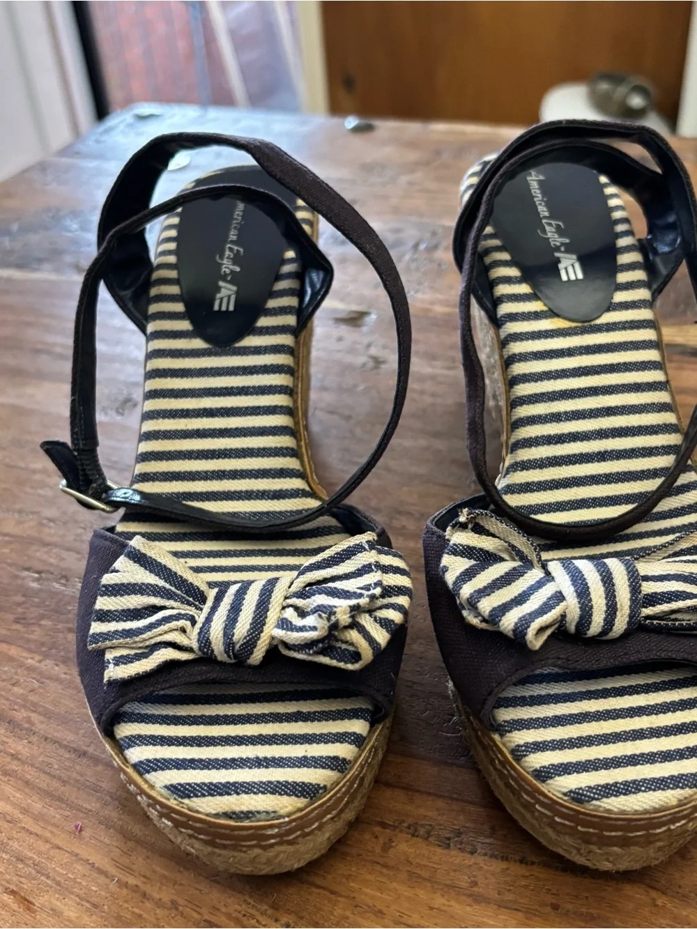 American Eagle Outfitters Navy and Cream Striped Espadrille Wedges - Picture 6 of 7